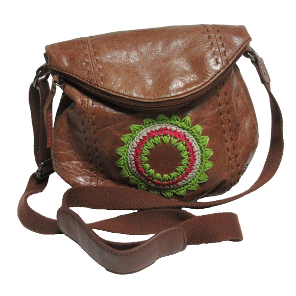 THE SAK Leather Crossbody Purse Bag Embroidered Flower Tan Hippie Boho Distresse - Picture 1 of 7